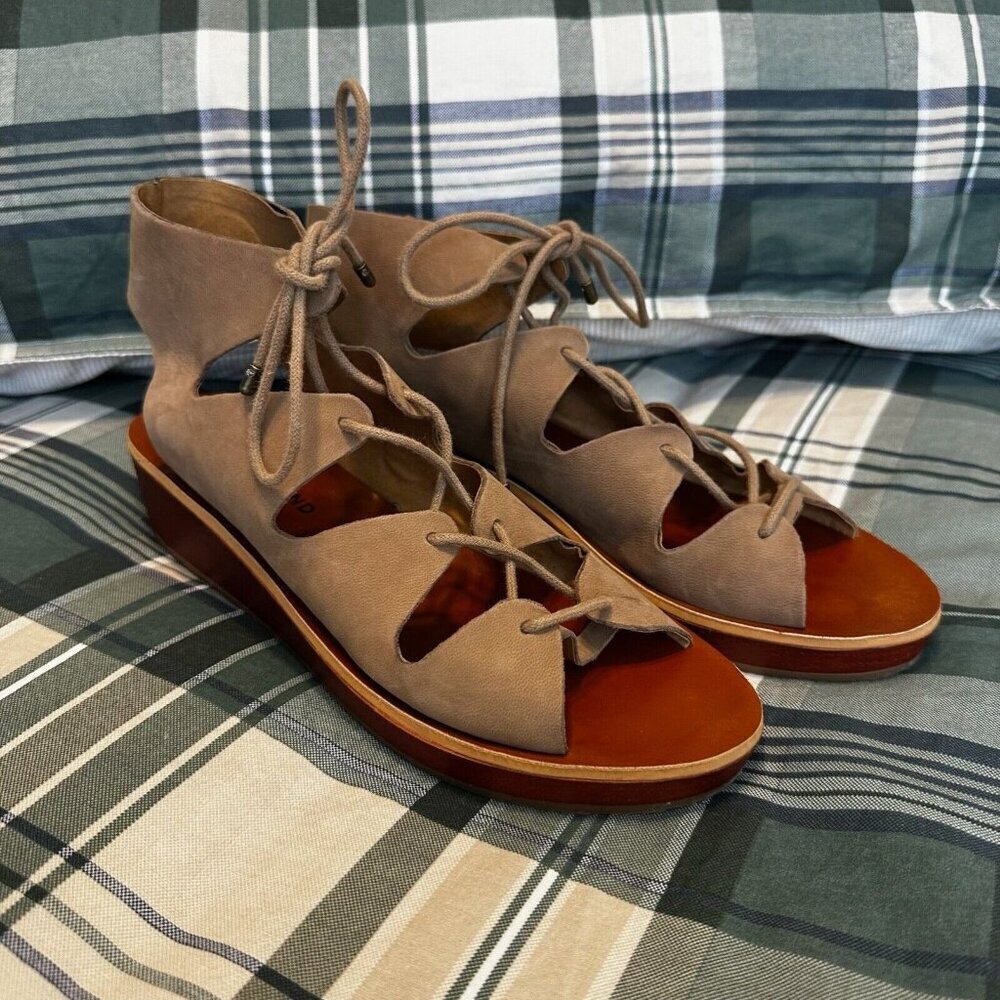 Lucky Brand Gladiator‎ Hipsta Sandals Womens 8.5 Brown Beige Wedge Lace Up Boho